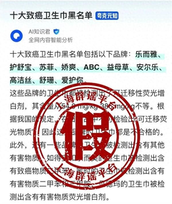十大致癌卫生巾品牌系AI生成：知名卫生巾品牌被列入黑名单