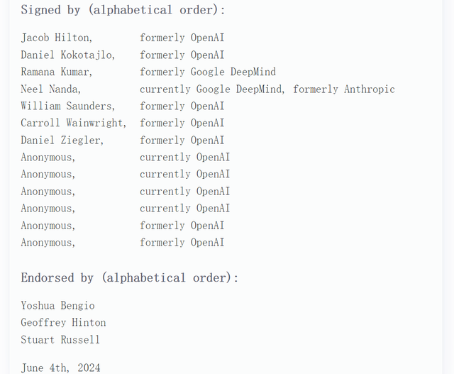 自家员工忍不了！13名OpenAI、谷歌前任现任员工签署联名信，警告前沿AI公司,自家员工忍不了！13名OpenAI、谷歌前任现任员工签署联名信，警告前沿AI公司,第3张